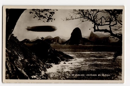 Rio de Janeiro, Entrada da Barra with Airship, Sugarloaf Mountain, Sepia Photograph Postcard