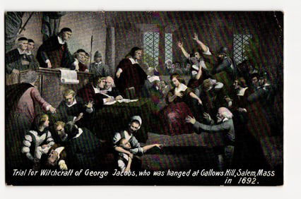Historical Illustration: Trial for Witchcraft of George Jacobs, Salem, Mass. 1692 Courtroom.