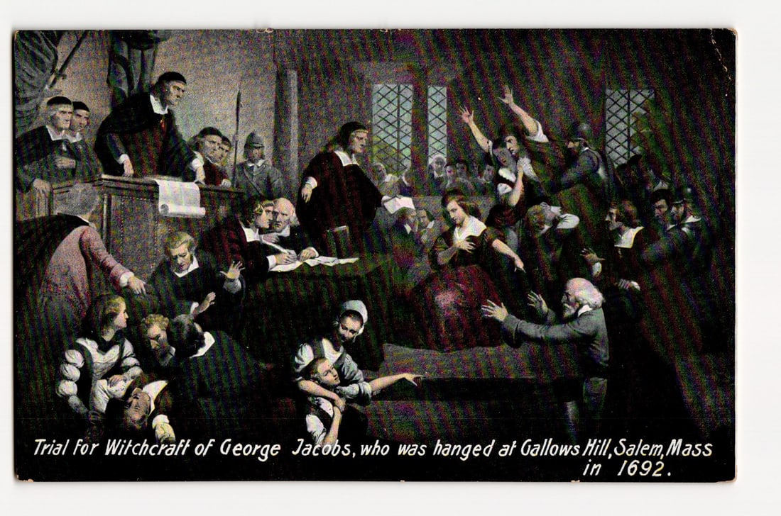 Historical Illustration: Trial for Witchcraft of George Jacobs, Salem, Mass. 1692 Courtroom. (1 of 2)