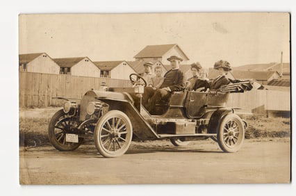 Family Group Posed in Early Touring Automobile, License Plate 25867, Outdoor Setting, RPPC
