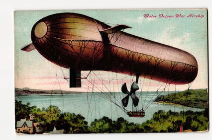Early 20th Century "Motor Driven War Airship" Illustration Overlooking Waterway and Landscape
