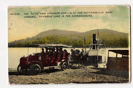 The "Auto" & Steamer Evelyn, Pottersville Boat Landing, Schroon Lake, Adirondacks. PM 1911