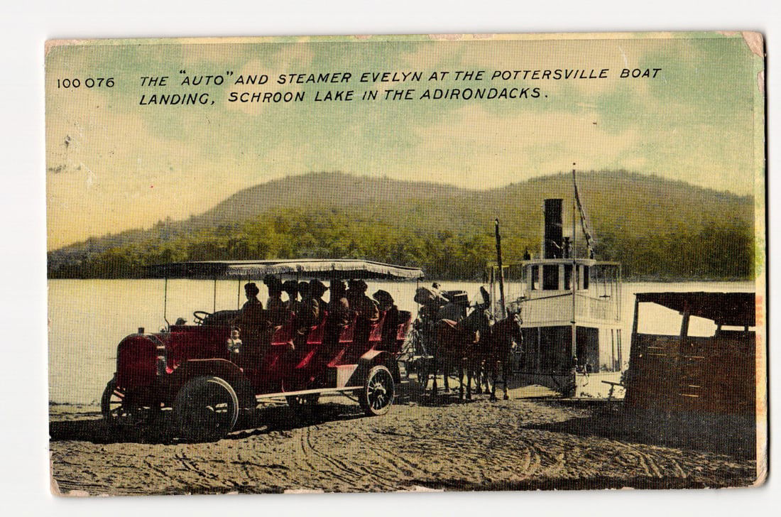 The "Auto" & Steamer Evelyn, Pottersville Boat Landing, Schroon Lake, Adirondacks. PM 1911 (1 of 2)
