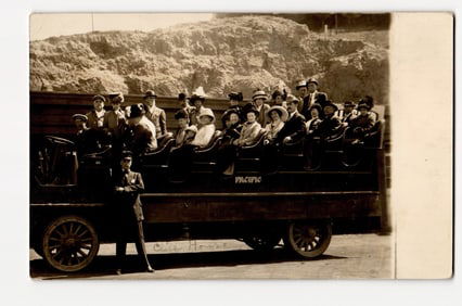 Early 20th C. RPPC: Passengers on "PACIFIC" Sightseeing Bus by Rocky Cliff, Uniformed Driver
