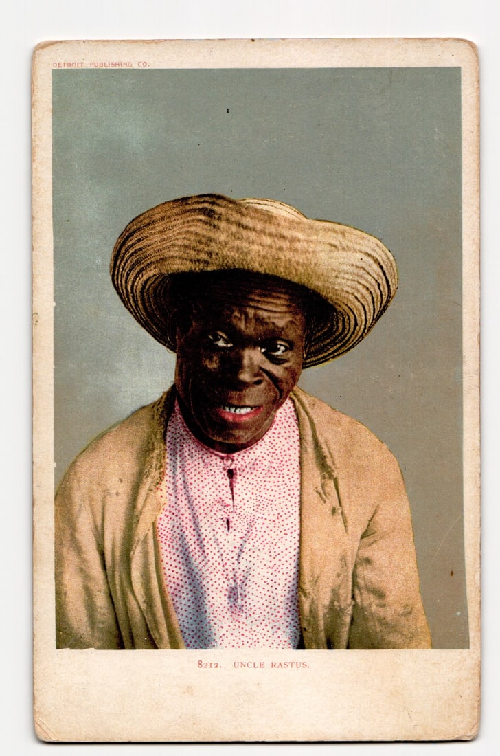 Detroit Publishing Co. Postcard: Portrait of a Man in Straw Hat, "Uncle Rastus," No. 8212: The front of the postcard features a colorized photographic portrait of a dark-skinned man from the chest up. He is wearing a wide-brimmed straw hat, a light-colored, possibly beige, jacket over a pin
