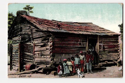 Seven-up: Seven Children, Adult, and Dog before Log Cabin, Colorized Photographic Print, c.1910