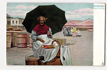New Orleans, LA: Praline Woman Seated with Basket, Street Scene, Early 20th Century Postcard