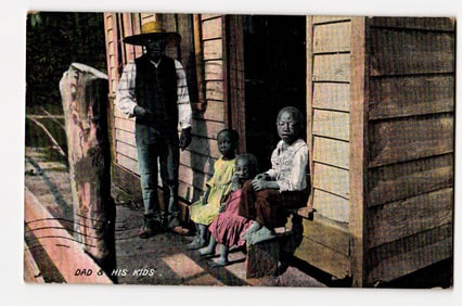 Colorized Photograph: A Man and Three Children, "DAD & HIS KIDS," Outside a Wooden Structure
