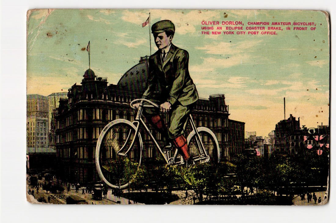 Oliver Dorlon, Champion Bicyclist, Eclipse Coaster Brake, New York City Post Office, c. 1911. (1 of 2)