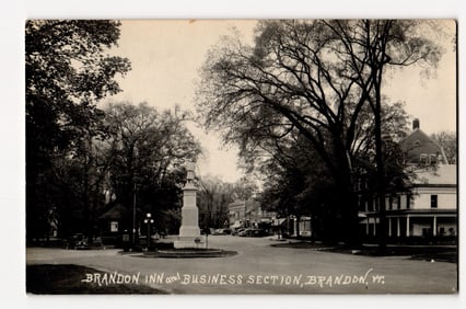 Brandon Inn & Business Section, Monument, Street View, Brandon, VT. Early 20th C. RPPC