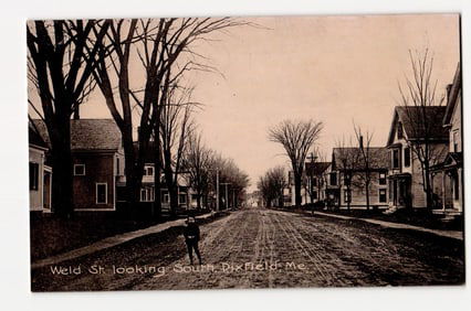 Weld St. Looking South, Dixfield, Maine. Early 20th Century Residential Street View with Figure.