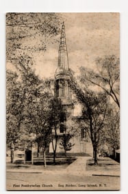 First Presbyterian Church, Sag Harbor, Long Island, N.Y. Sepia Tone View of Spire & Entrance