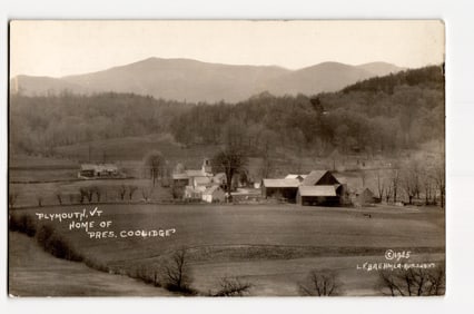 Plymouth, VT, Pres. Coolidge Homestead, Rural Landscape with Hills, 1925 Real Photo Postcard