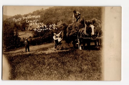 Vice-President Coolidge Pitching Hay onto Horse-Drawn Wagon, Plymouth, VT, August 2, 1923 RPPC