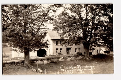 Coolidge Farmhouse, Plymouth, Vermont. Exterior View with Mature Trees, Circa 1938. RPPC.