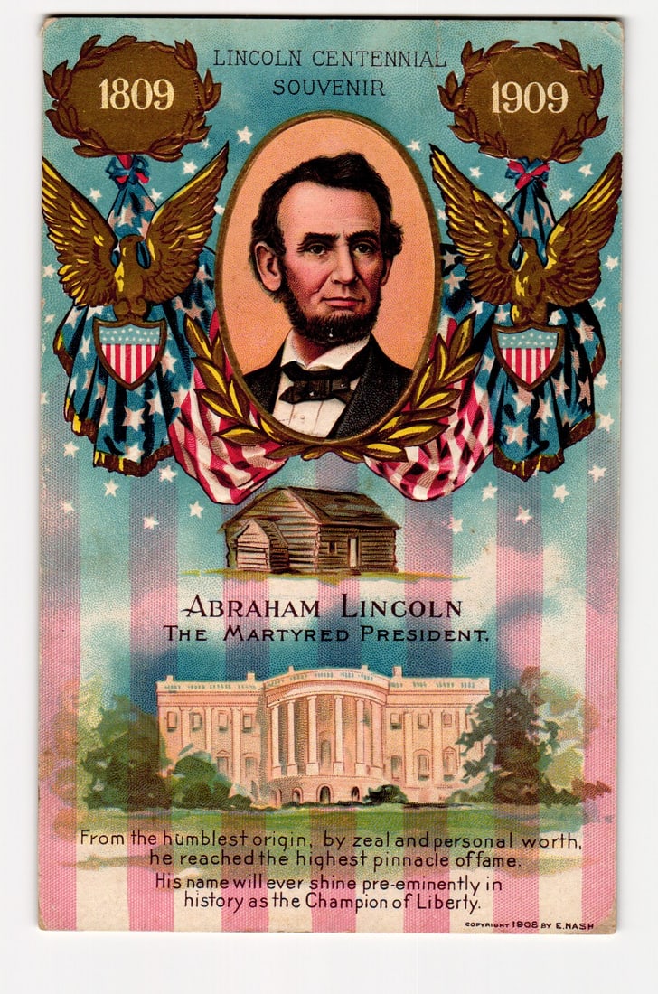 Lincoln Centennial Souvenir Postcard, 1809-1909, Portrait, Log Cabin, White House Images (1 of 2)