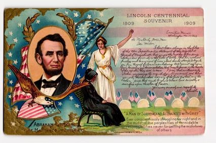 Lincoln Centennial Souvenir 1809-1909, Abraham Lincoln Portrait, Allegorical Scene, Letter