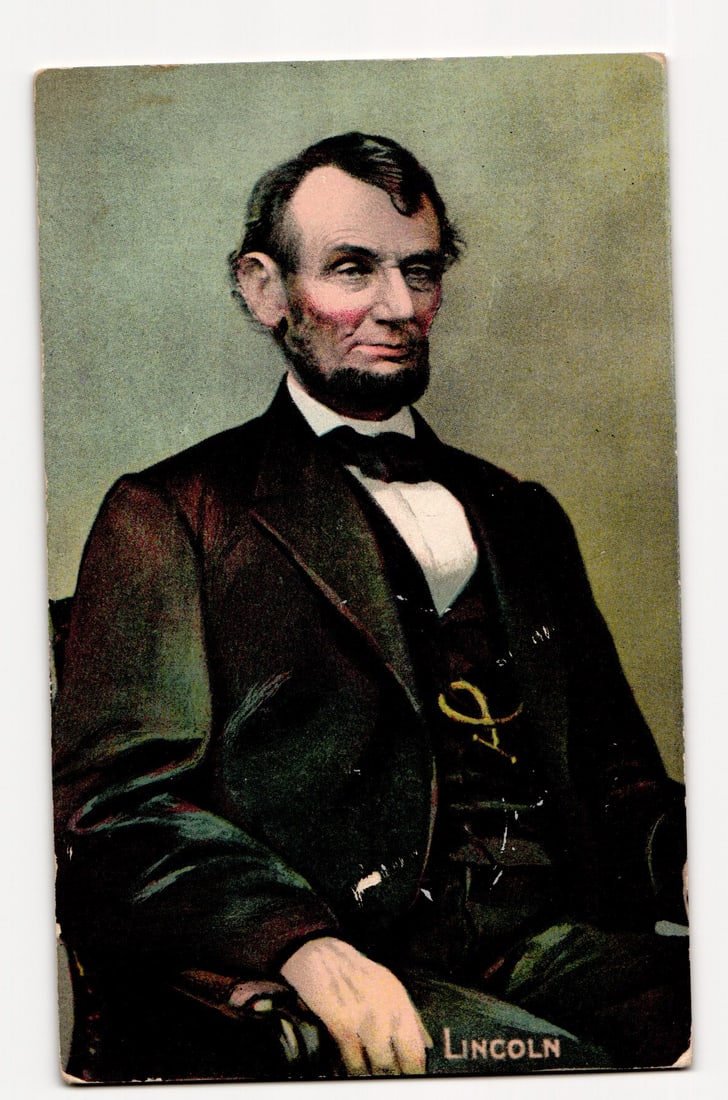 Colorized Photographic Portrait Postcard of Abraham Lincoln Seated, Wearing Suit and Bow Tie (1 of 2)