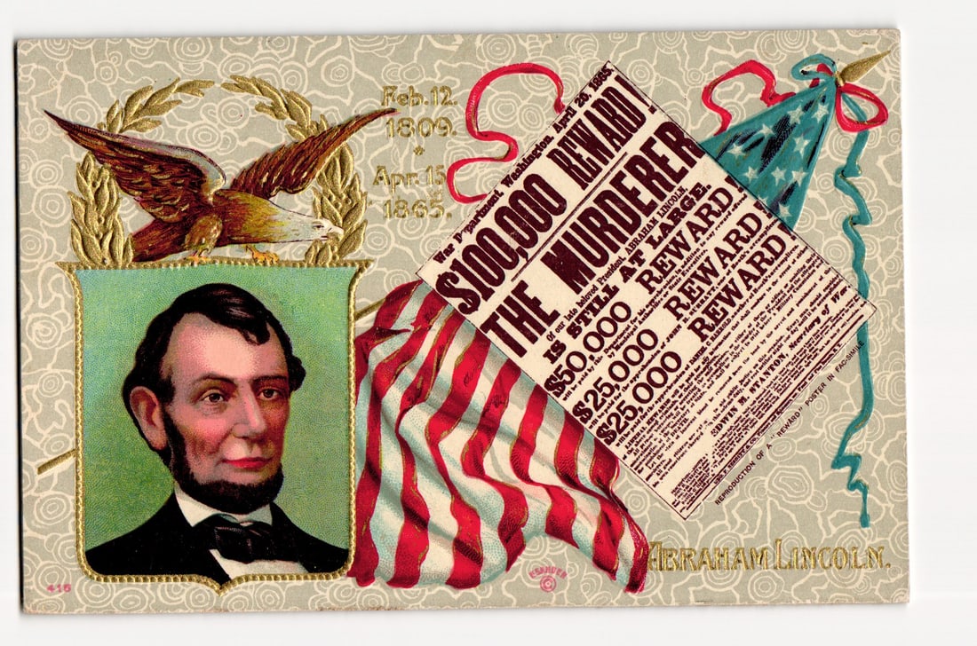 Abraham Lincoln Commemorative Postcard with "Murderer Reward" Poster Facsimile, c. 1900s (1 of 2)