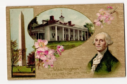 George Washington Portrait with Mount Vernon & Washington Monument, Commemorative Postcard Design