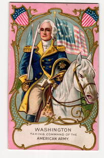 Washington Taking Command of the American Army, Embossed Patriotic Postcard, circa Early: The front of this chromolithograph postcard features a color illustration of George Washington on a white horse, facing three-quarters left. He is depicted in a blue military uniform with gold epaulet