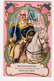 George Washington on Horseback, Taking Command of American Army, Patriotic Chromolithograph