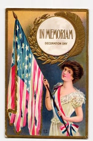 Decoration Day Postcard: Woman Holding American Flag, In Memoriam, Early 20th Century Theme