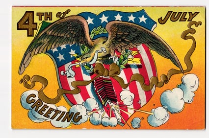 Patriotic 4th of July Greeting: Eagle, U.S. Shield, Firecrackers, Embossed Chromolithograph
