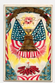 Embossed July 4th Independence Day Postcard: Liberty Bell, American Flags, Firecrackers