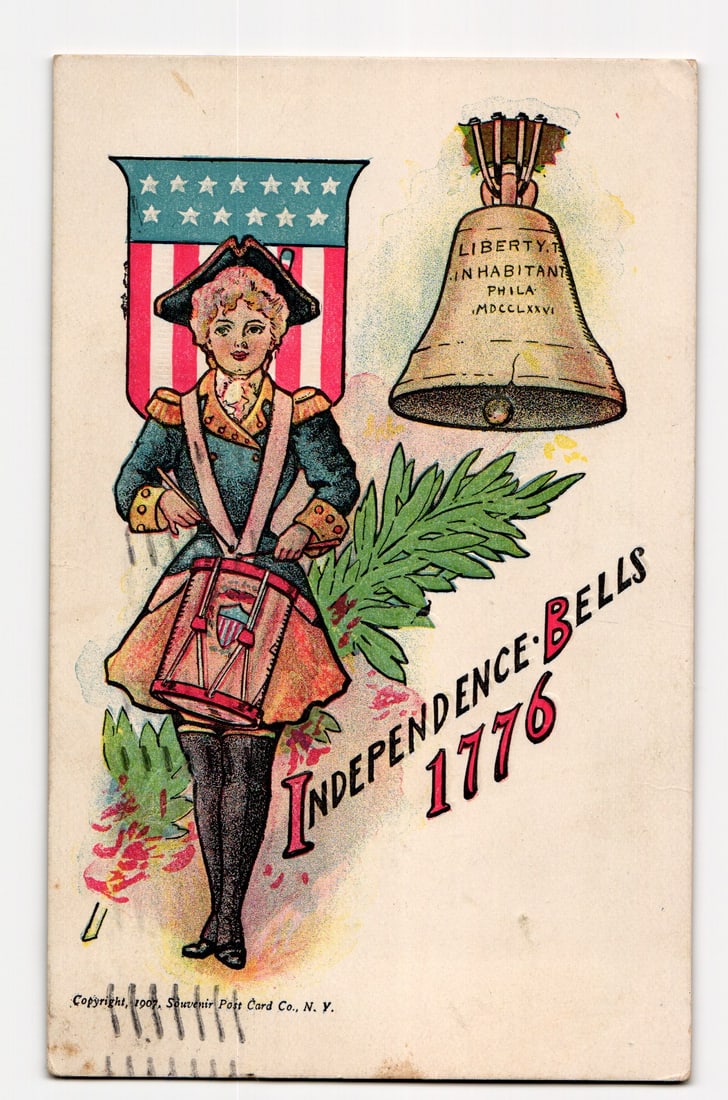 Colonial Figure with Drum, American Shield, Liberty Bell, "Independence Bells 1776" Postcard (1 of 2)