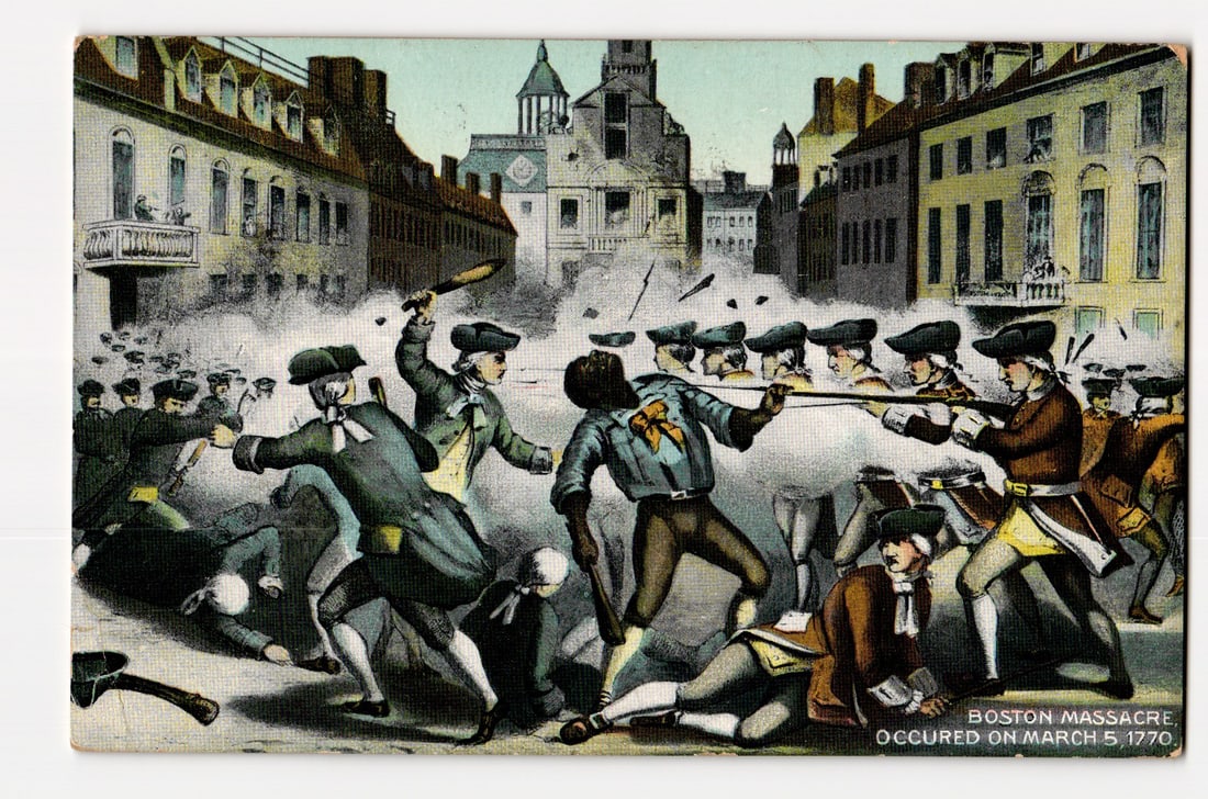 Illustration of the Boston Massacre, March 5, 1770; Colonial Era Conflict Scene in Boston, MA: The front of the postcard features a color illustration depicting a chaotic street scene from the Boston Massacre. Figures in 18th-century attire, including soldiers in red coats and tricorn hats, are