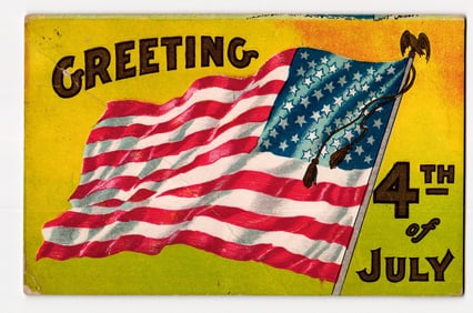 Patriotic 4th of July Greeting Postcard with American Flag and Eagle Finial, Early 20th Century