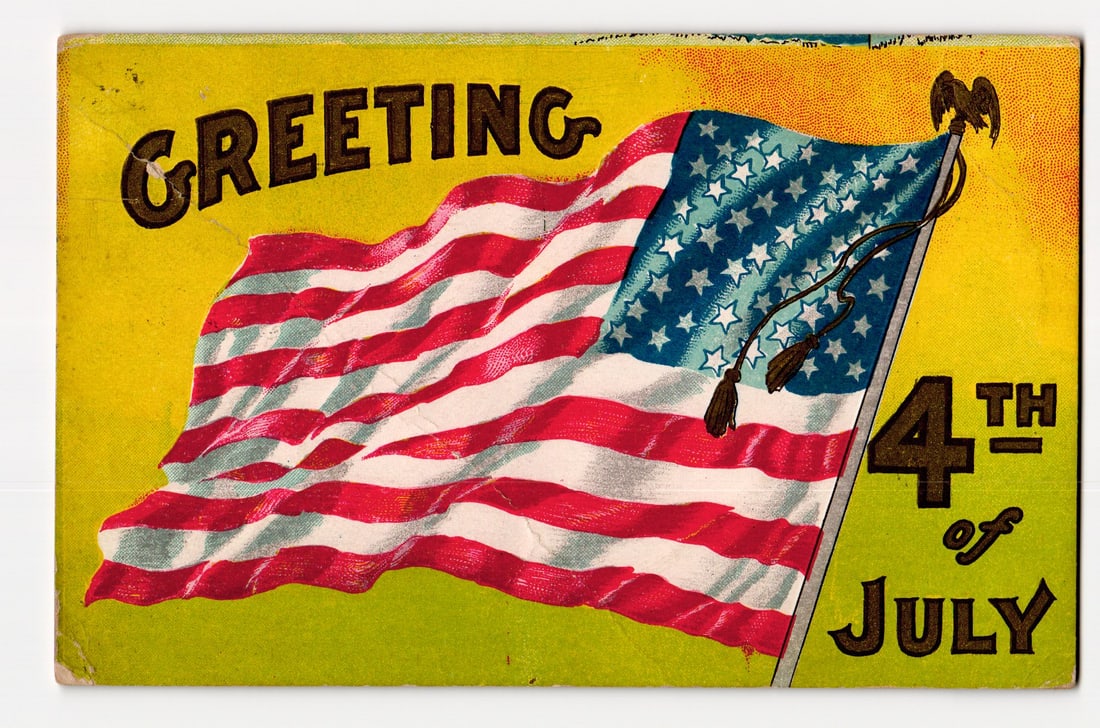 Patriotic 4th of July Greeting Postcard with American Flag and Eagle Finial, Early 20th Century (1 of 2)
