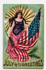July 4th Greetings: Woman with American Flag and Palm Frond, Patriotic Illustration, circa 1909