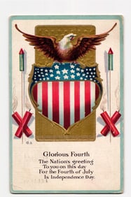 Patriotic Glorious Fourth Postcard: Eagle, American Shield, Rockets, and Firecrackers, c. 1910