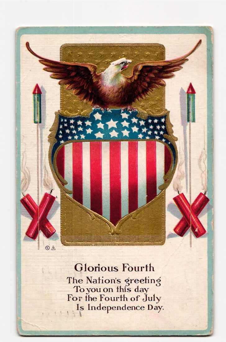 Patriotic Glorious Fourth Postcard: Eagle, American Shield, Rockets, and Firecrackers, c. 1910: Features a central motif of a bald eagle with wings spread, perched atop an embossed shield. The shield displays a blue upper field with white five-pointed stars, and red and white vertical stripes be