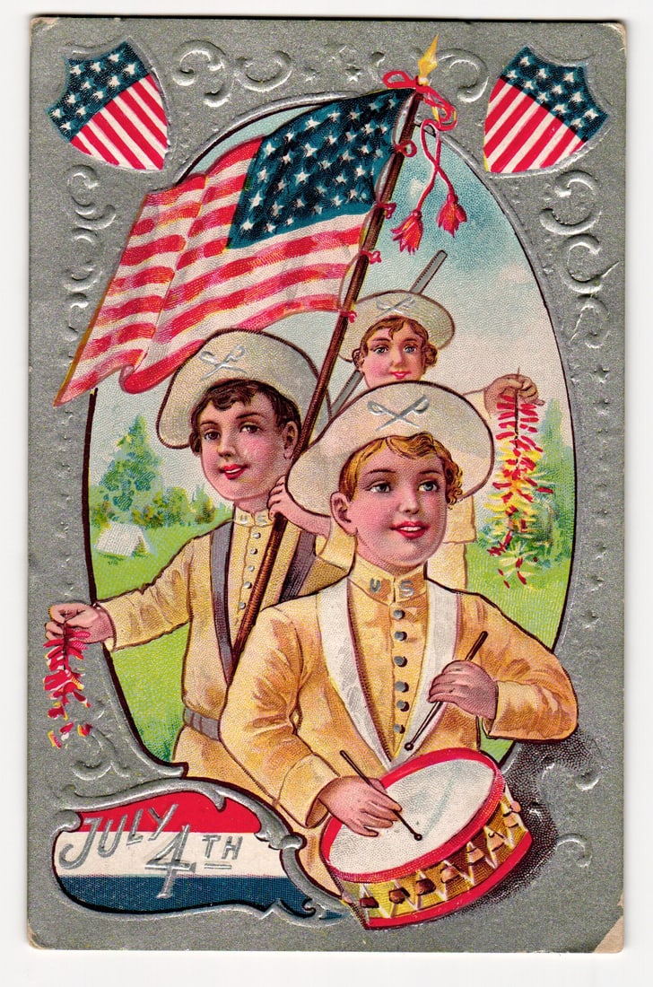 Embossed July 4th Postcard: Three Boys in Uniforms, American Flag, Drum, Early 20th Century (1 of 2)