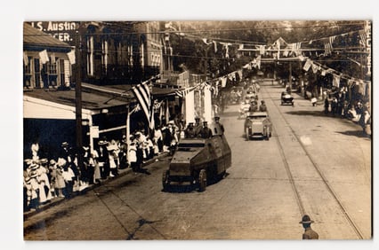 Early 20th Century Military Parade with Armored Vehicles, Spectators, S. Austin Sign, RPPC