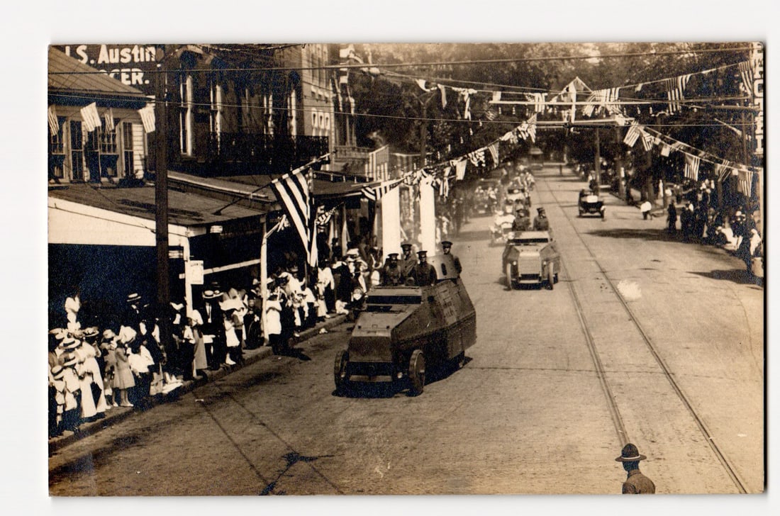 Early 20th Century Military Parade with Armored Vehicles, Spectators, S. Austin Sign, RPPC (1 of 2)