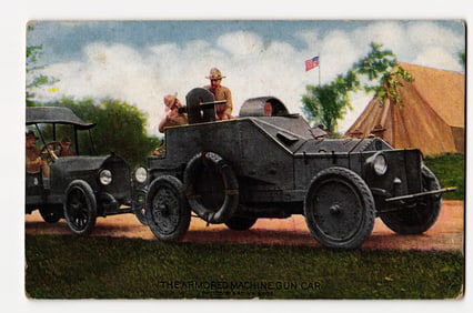 The Armored Machine Gun Car, Military Personnel, Tent, and American Flag; Early 20th Century