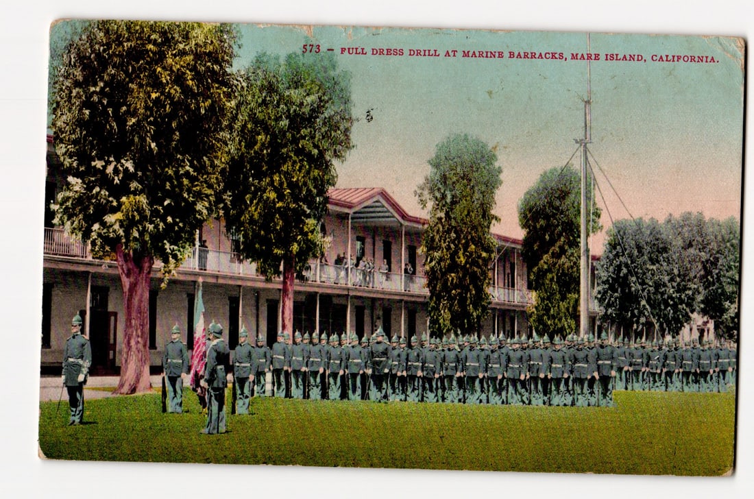 Full Dress Drill, Marine Barracks, Mare Island, California, Military Formation, c. 1911 Postmark (1 of 2)