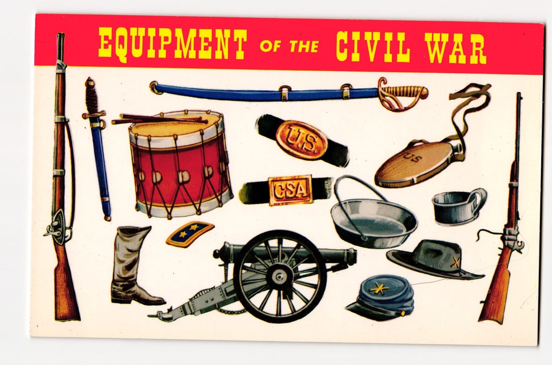 Equipment of the Civil War: Illustrated Mementoes of the American Civil War, 1861-1865 Items: An illustration on a plain white background displays an array of Civil War era military equipment beneath a red banner. The depicted items include: a Springfield Rifled Musket, Foot Artillery Sword, C
