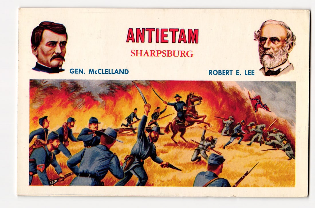 Civil War: Battle of Antietam (Sharpsburg) with Portraits of Gen. McClellan & Robert E. Lee. (1 of 2)
