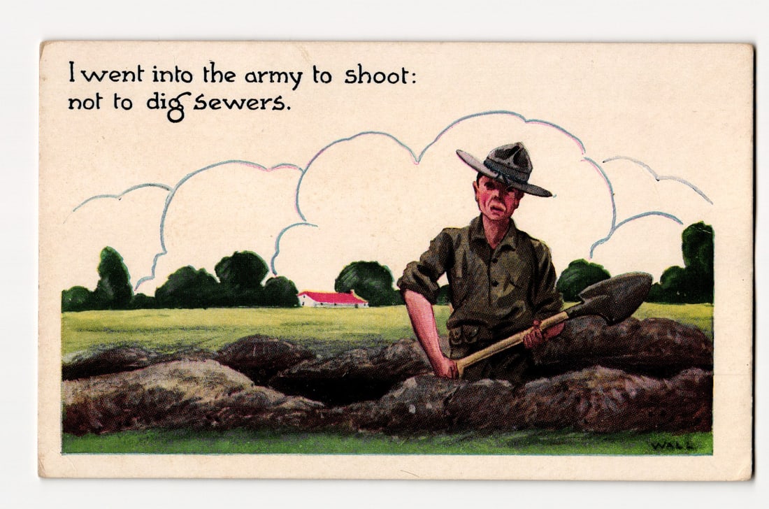 WWI Era Comic Postcard: Soldier in Trench 'Not to Dig Sewers', Illus. Postal Card & Nov. Co. (1 of 2)