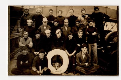 Group Portrait of Sailors with Dog Aboard USS Lebanon, Guantanamo Bay, Cuba, January 1911.