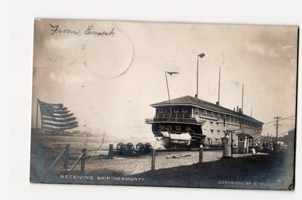 Receiving Ship 'Vermont', Real Photo Postcard, American Flag, Postmarked 1906, E. Muller B