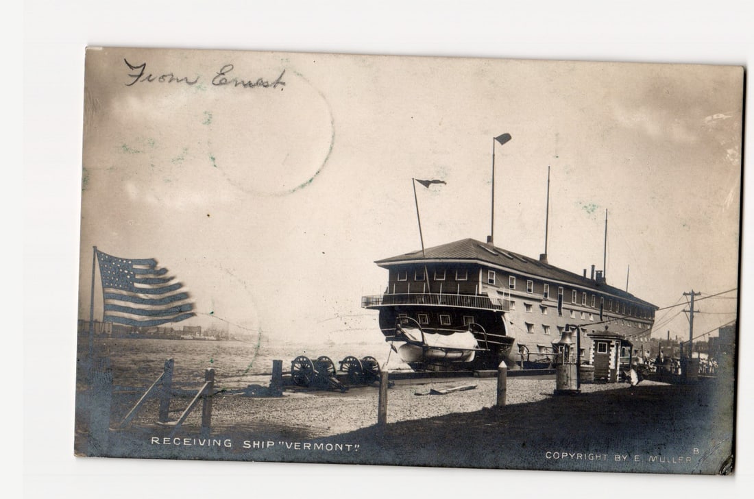 Receiving Ship 'Vermont', Real Photo Postcard, American Flag, Postmarked 1906, E. Muller B: A sepia-toned Real Photo Postcard (RPPC). The image shows the "RECEIVING SHIP 'VERMONT'", a large, stationary, multi-decked vessel with a substantial, flat-roofed superstructure and several flagpoles.