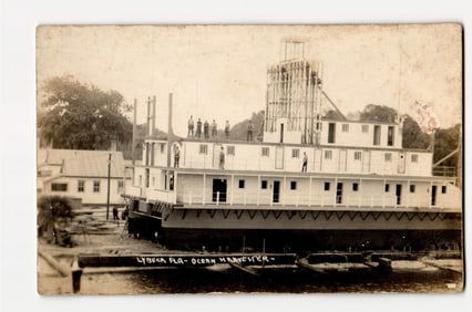 Real Photo Postcard: Lybeck, FL, Ocean Harvester Boat, Workers on Deck, Waterside View