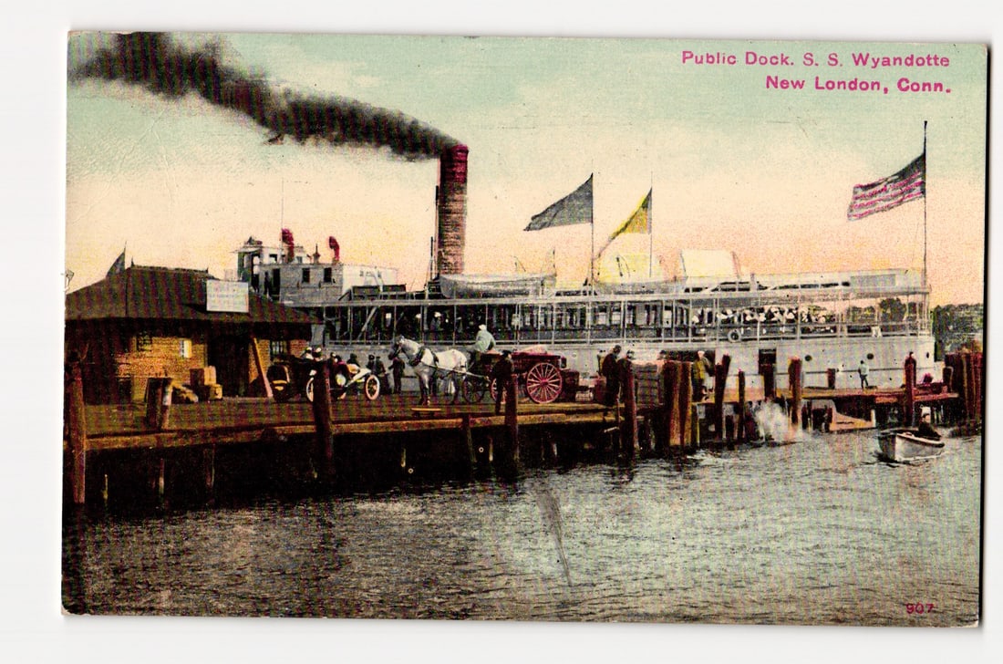 Public Dock with S. S. Wyandotte, New London, Connecticut. Early 20th Century Steamer Scene.: Colorized image depicting the steamship "S. S. Wyandotte" moored at a wooden public dock. The vessel, shown port side, features a prominent smokestack emitting dark smoke, multiple decks, and several 