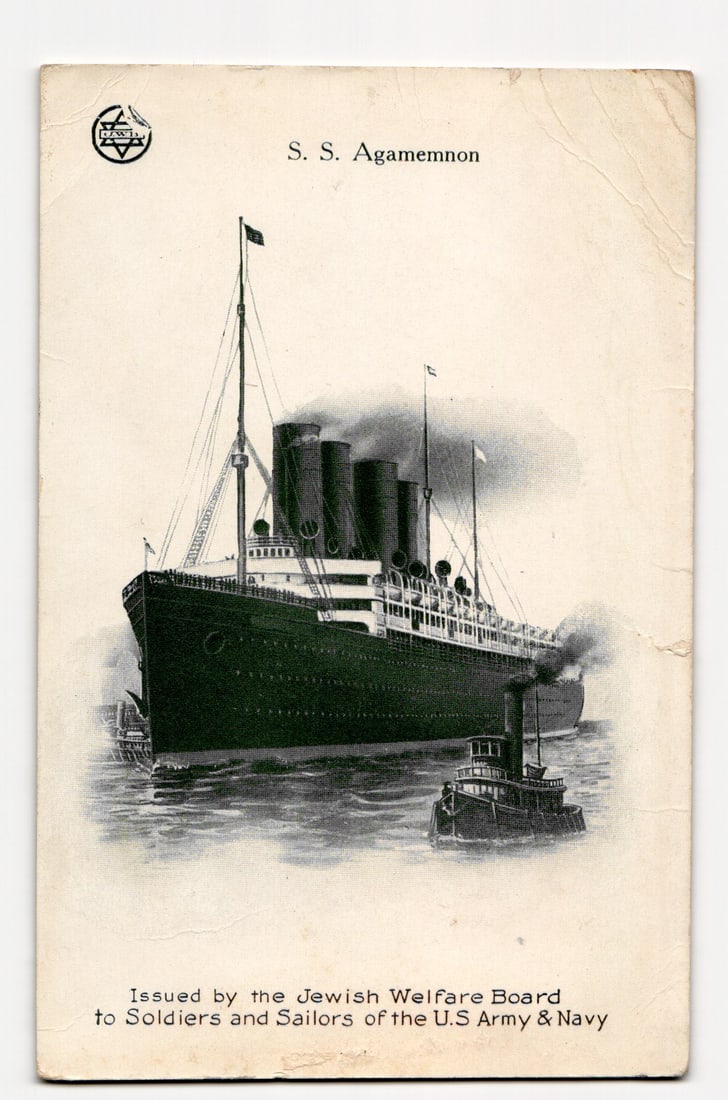 S. S. Agamemnon Steamship, Jewish Welfare Board Postcard for U.S. Soldiers & Sailors, ca. WWI (1 of 2)